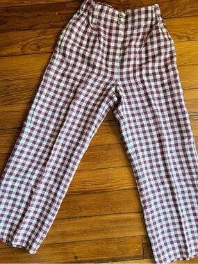 Linen High-Waist Gingham Plaid Pants in Burgundy and White